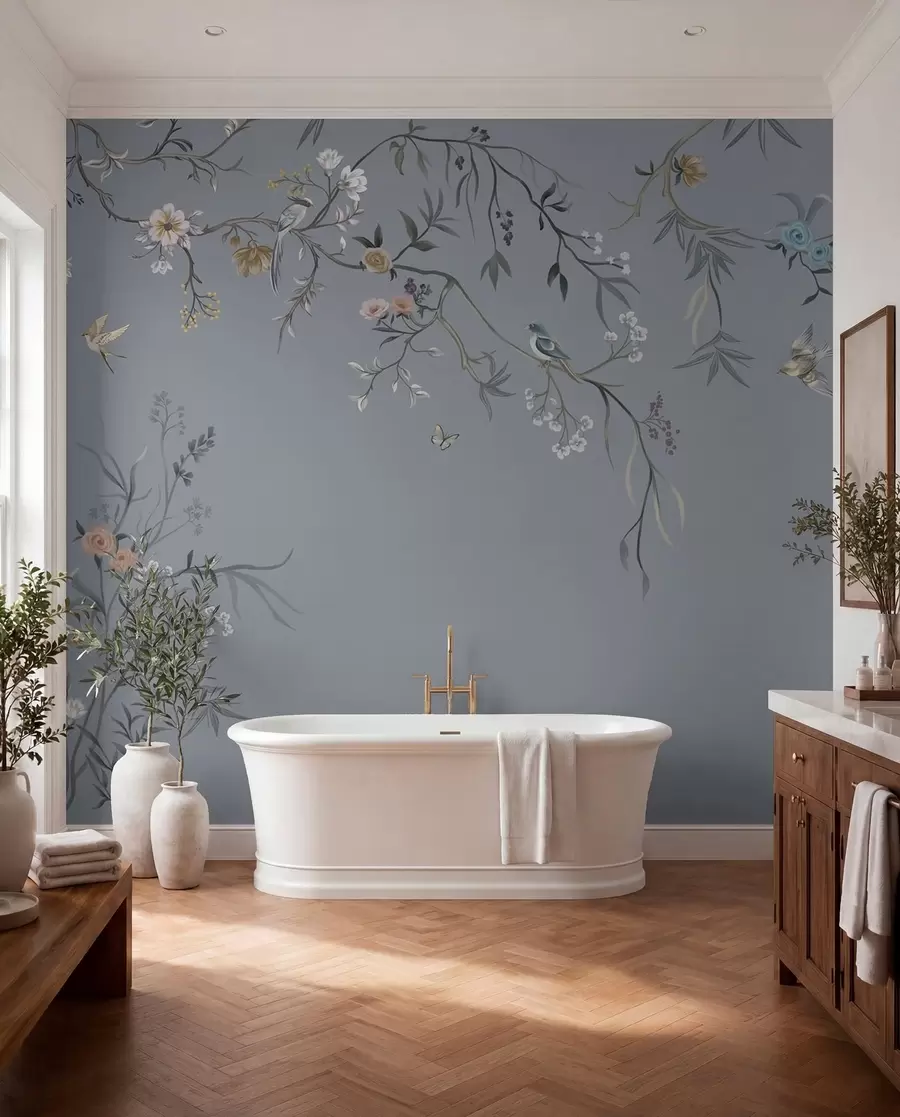 murales Ramas florales con pájaros sobre fondo verdoso w05127v5