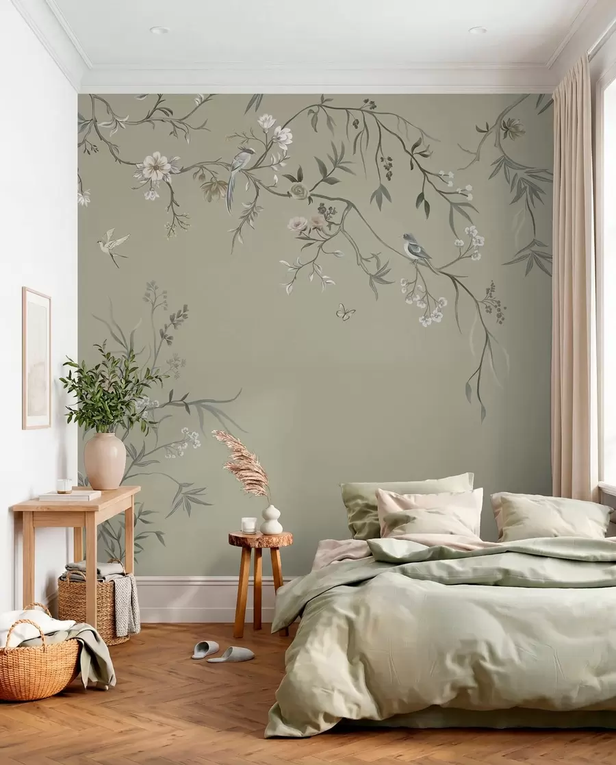peintures murales Motif floral avec des oiseaux sur fond frais w05127v6