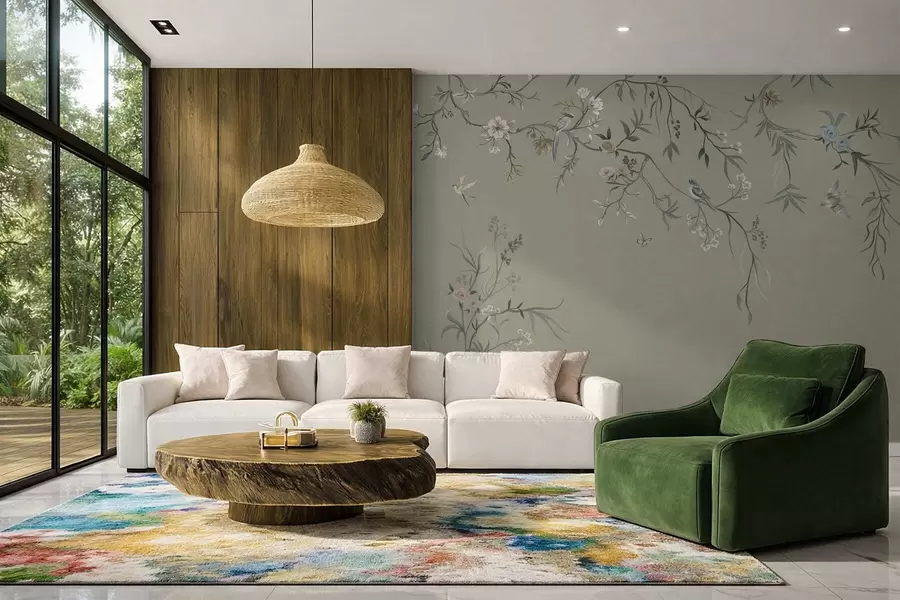 murales Diseño floral con pájaros sobre fondo fresco w05127v6