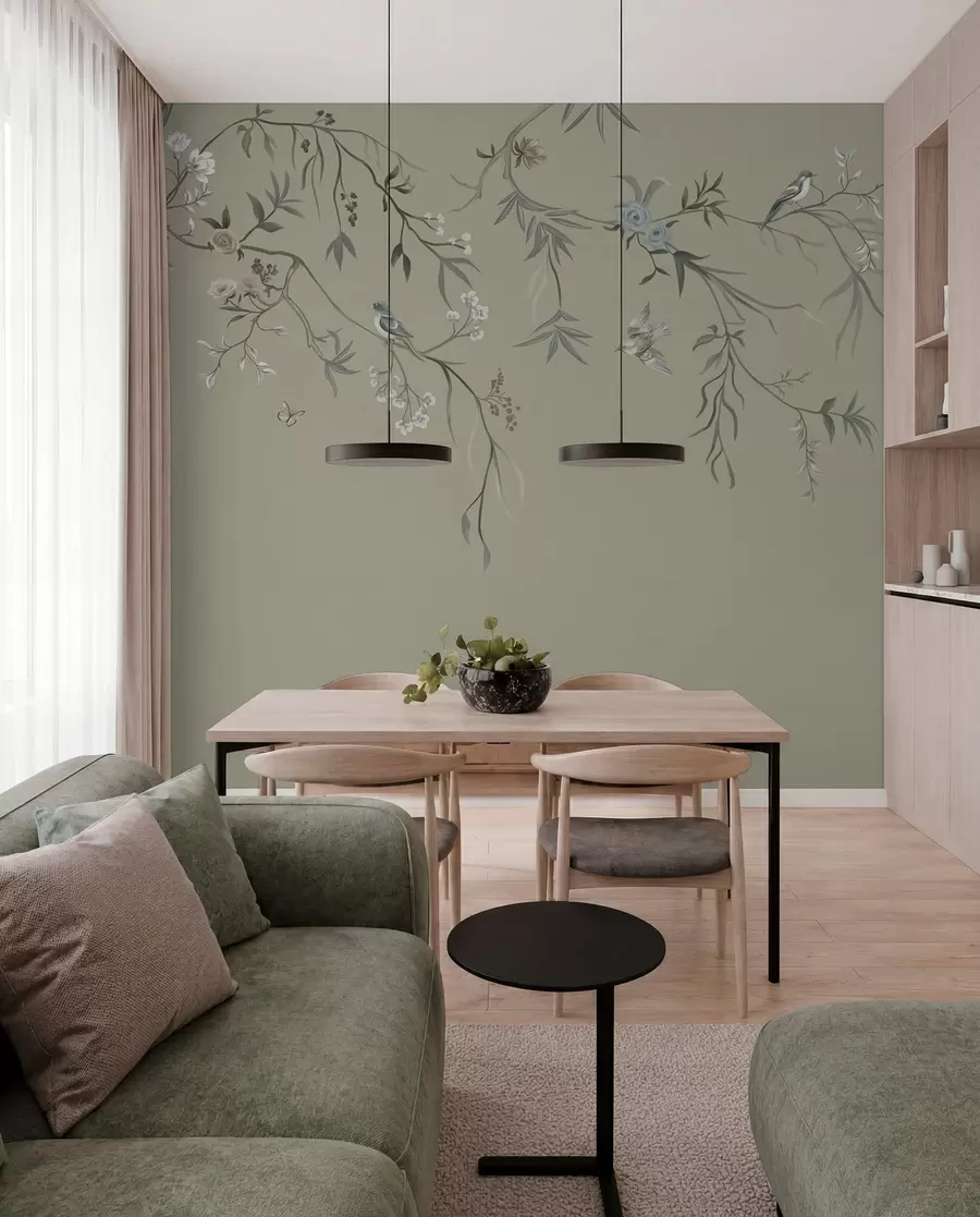 peintures murales Motif floral avec des oiseaux sur fond frais w05127v6