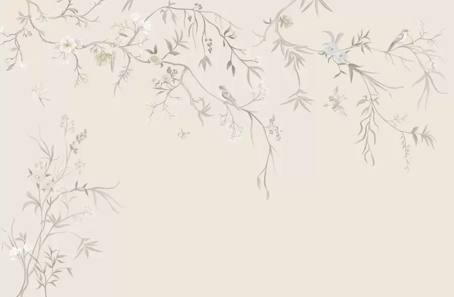 Wall Mural Photo Wallpaper Floral branches with birds on a light background w05127v7