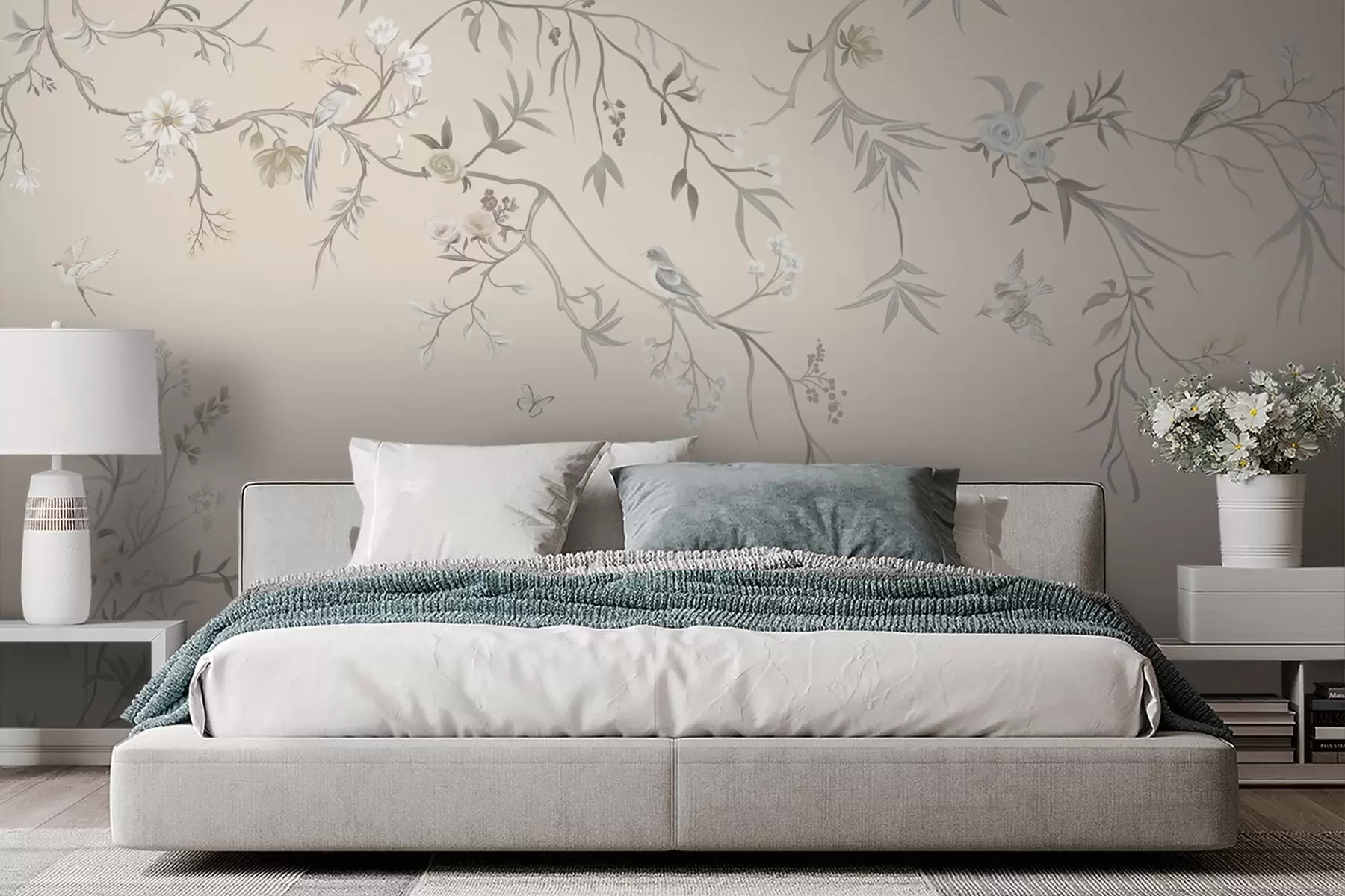 Wall Mural Photo Wallpaper Floral branches with birds on a light background w05127v7