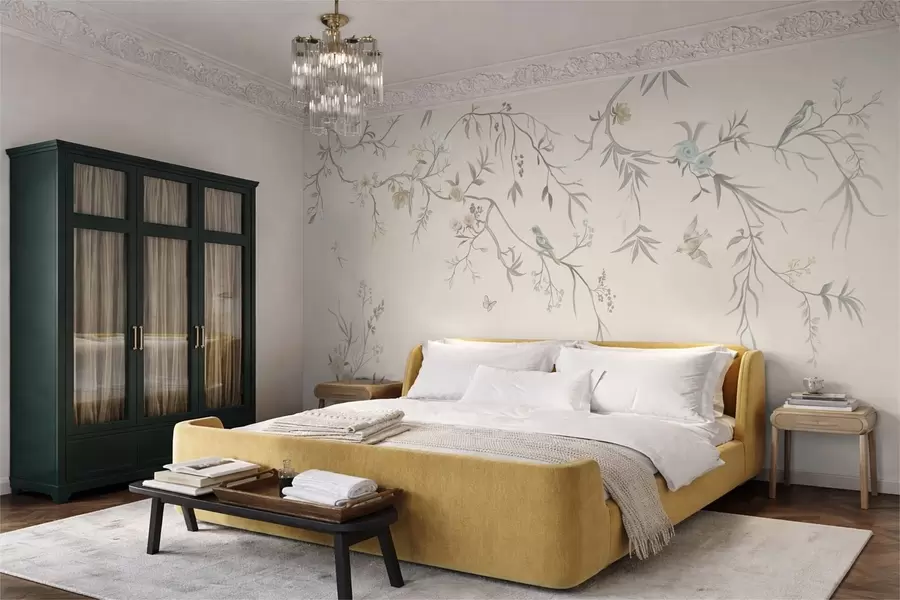 Wall Mural Photo Wallpaper Floral branches with birds on a light background w05127v7