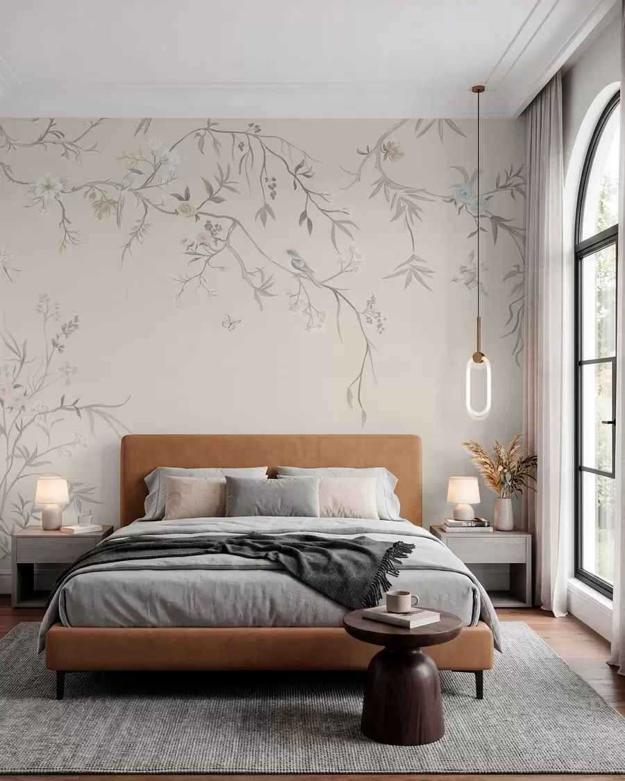 Wall Mural Photo Wallpaper Floral branches with birds on a light background w05127v7