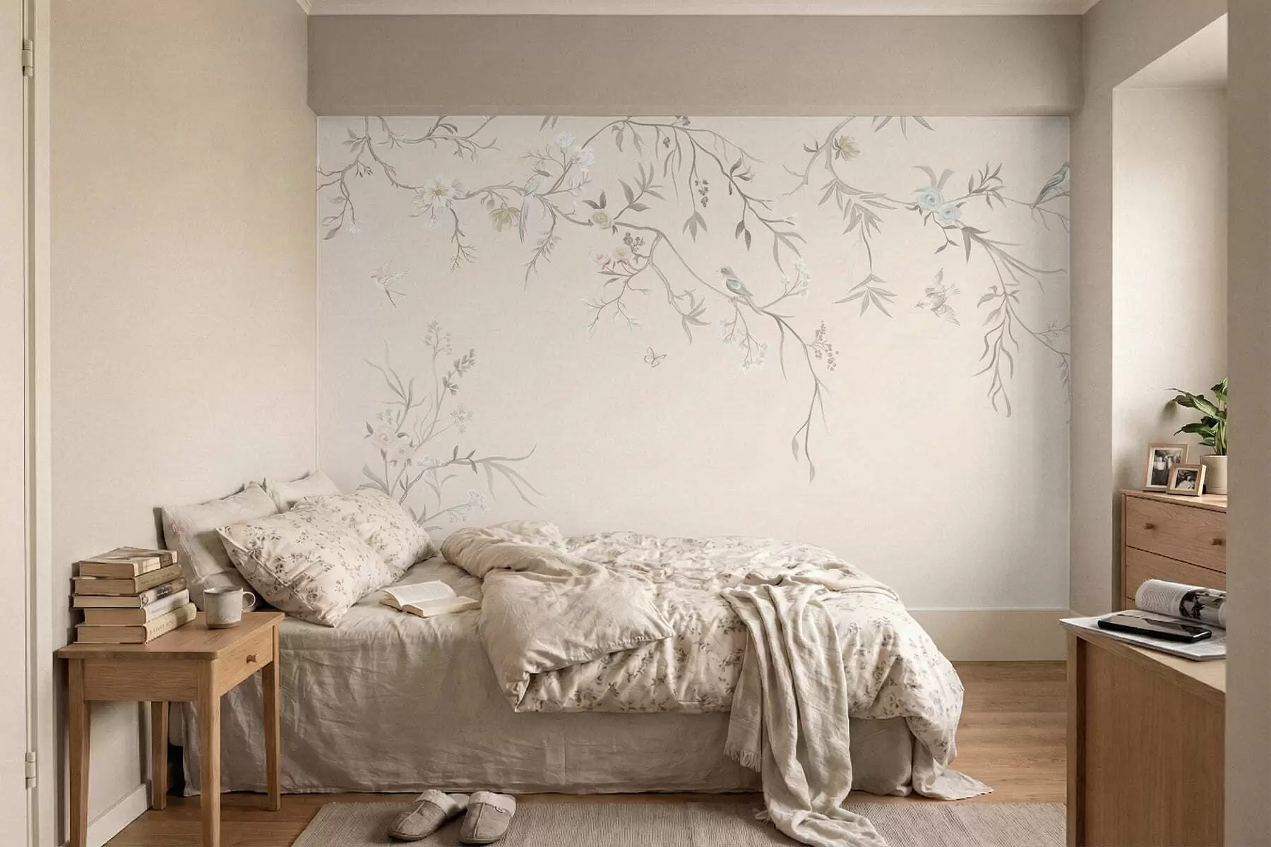 murales Ramas florales con pájaros sobre un fondo claro w05127v7