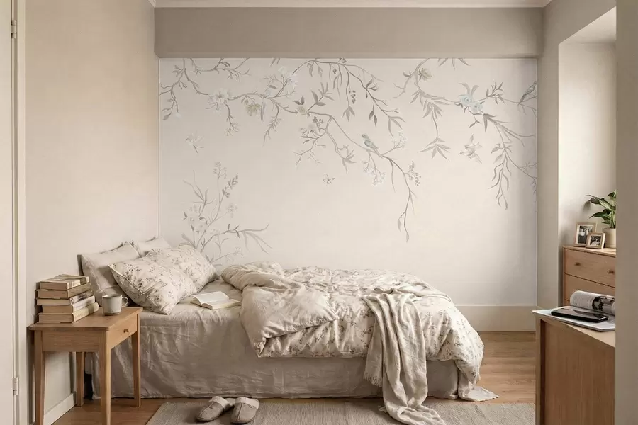 Wall Mural Photo Wallpaper Floral branches with birds on a light background w05127v7