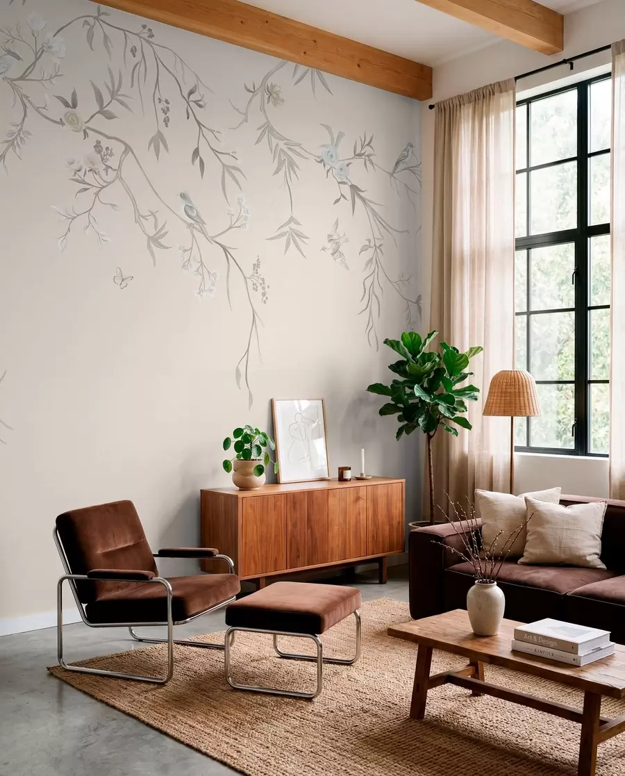 Wall Mural Photo Wallpaper Floral branches with birds on a light background w05127v7