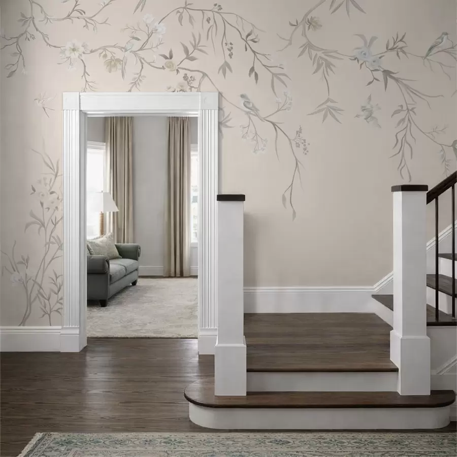 Wall Mural Photo Wallpaper Floral branches with birds on a light background w05127v7