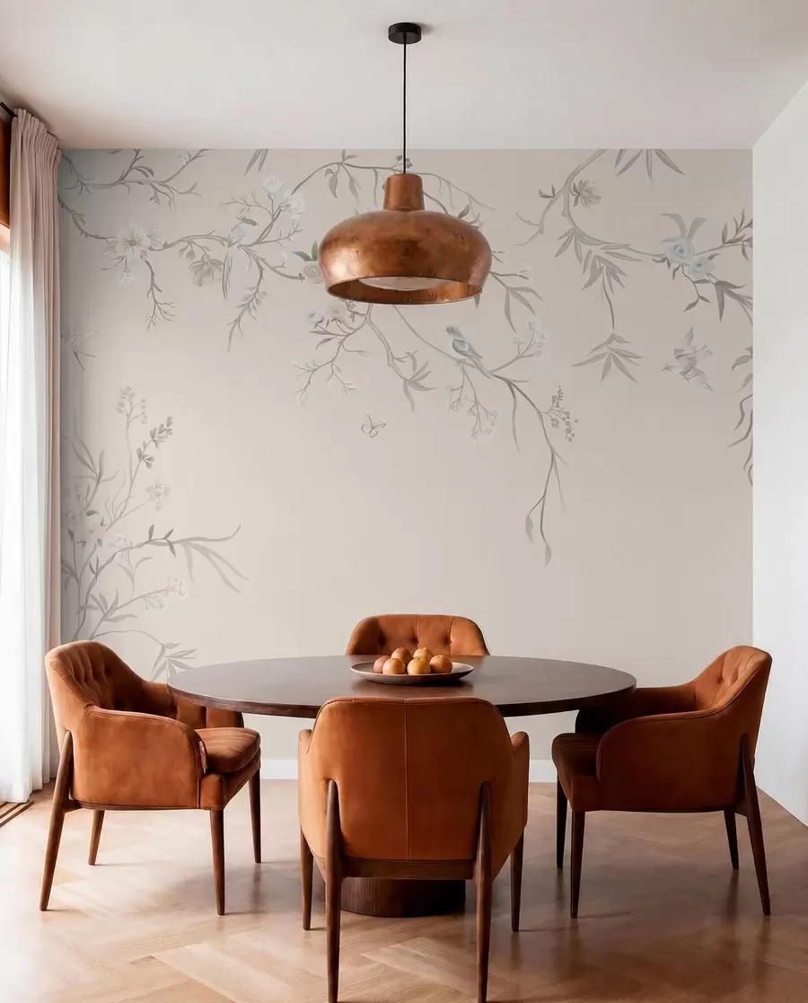 Wall Mural Photo Wallpaper Floral branches with birds on a light background w05127v7