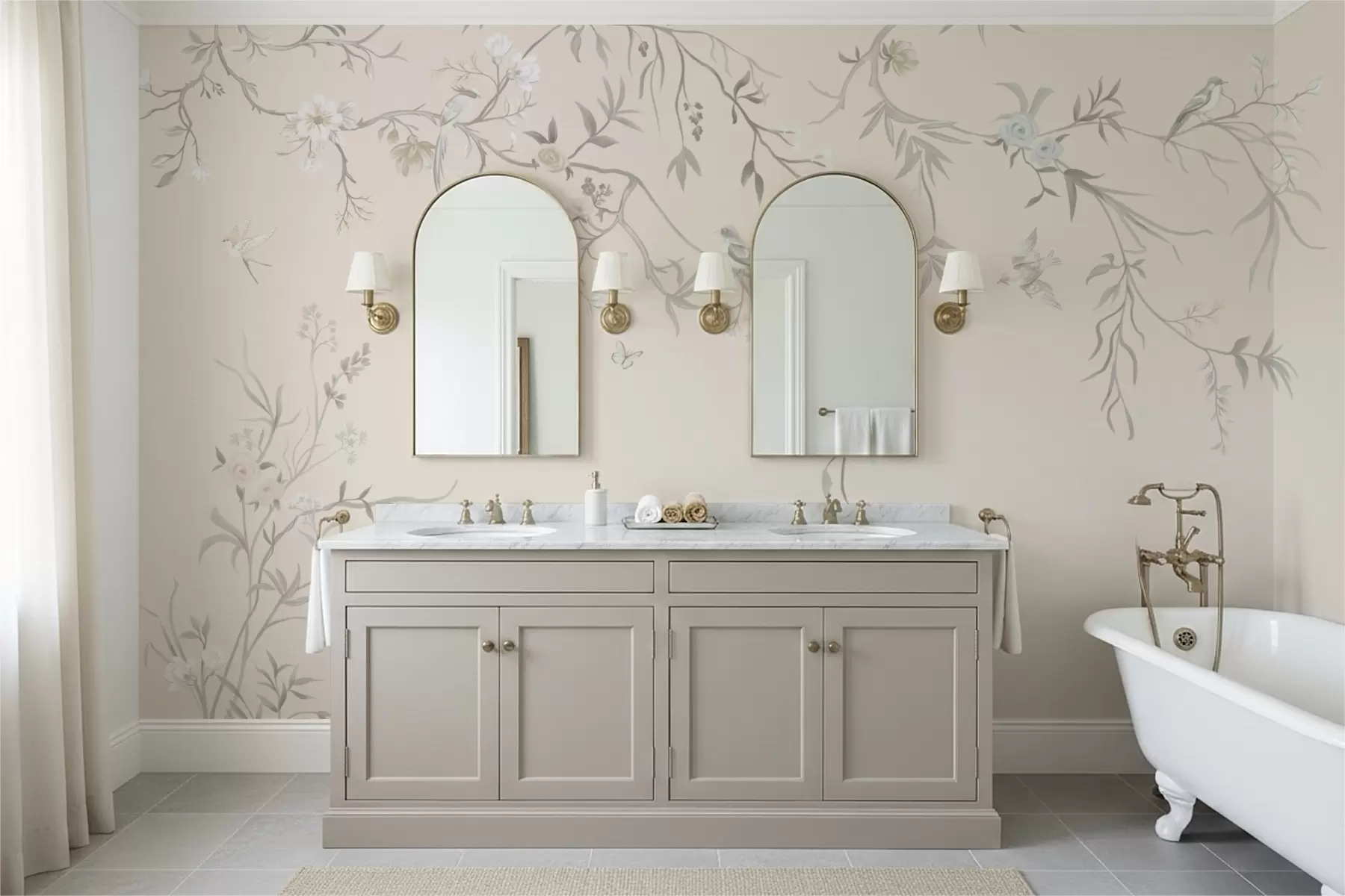 murales Ramas florales con pájaros sobre un fondo claro w05127v7