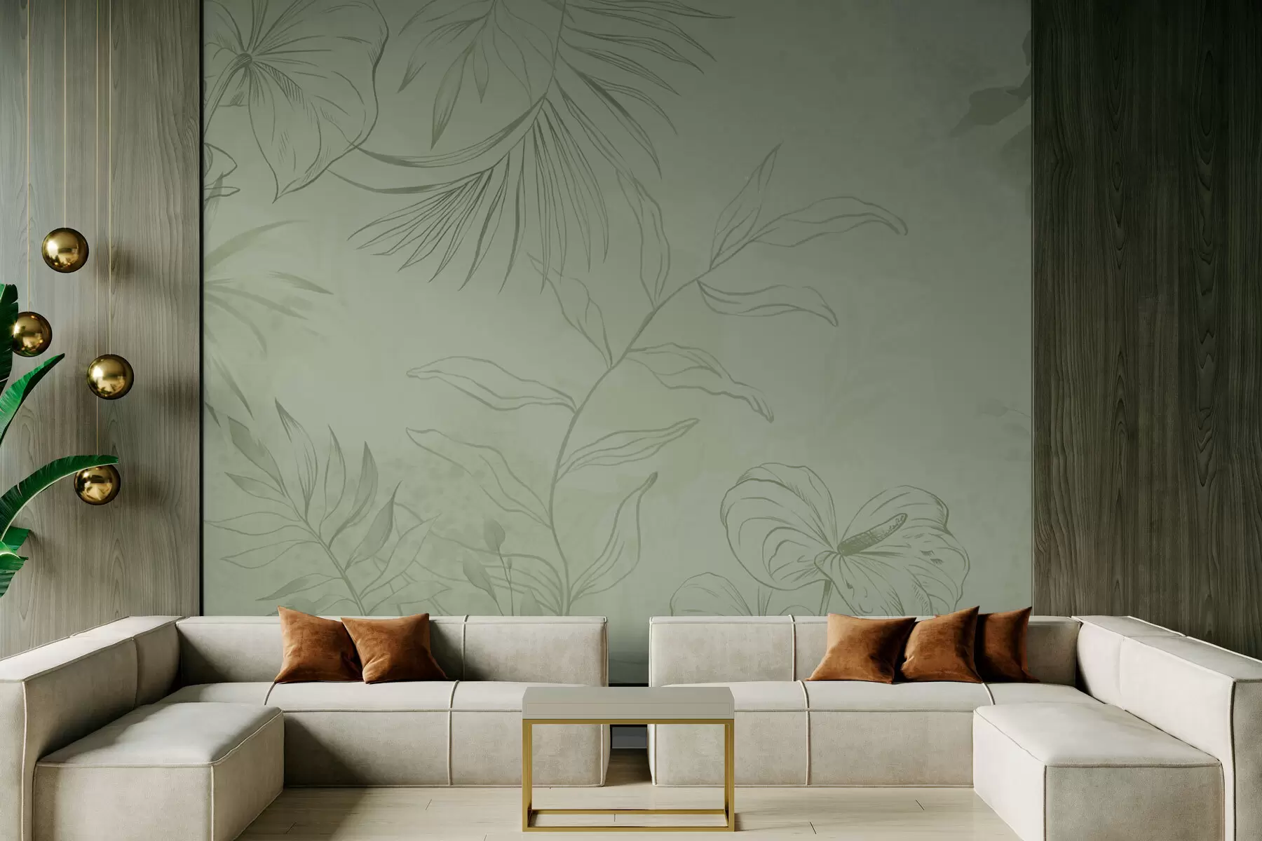 murales Plantas lineales sobre fondo azul frío w05128v2