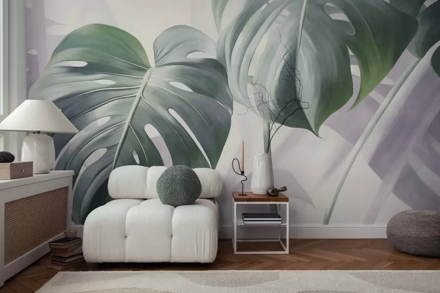 Wall Mural Photo Wallpaper Textured monstera leaves large and green, against a soft, light abstract background w09477