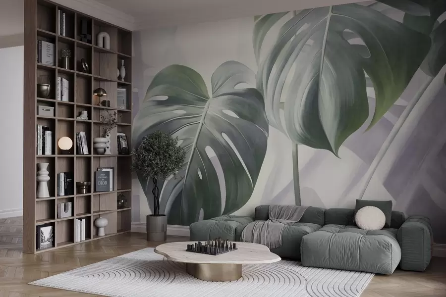 Wall Mural Photo Wallpaper Textured monstera leaves large and green, against a soft, light abstract background w09477
