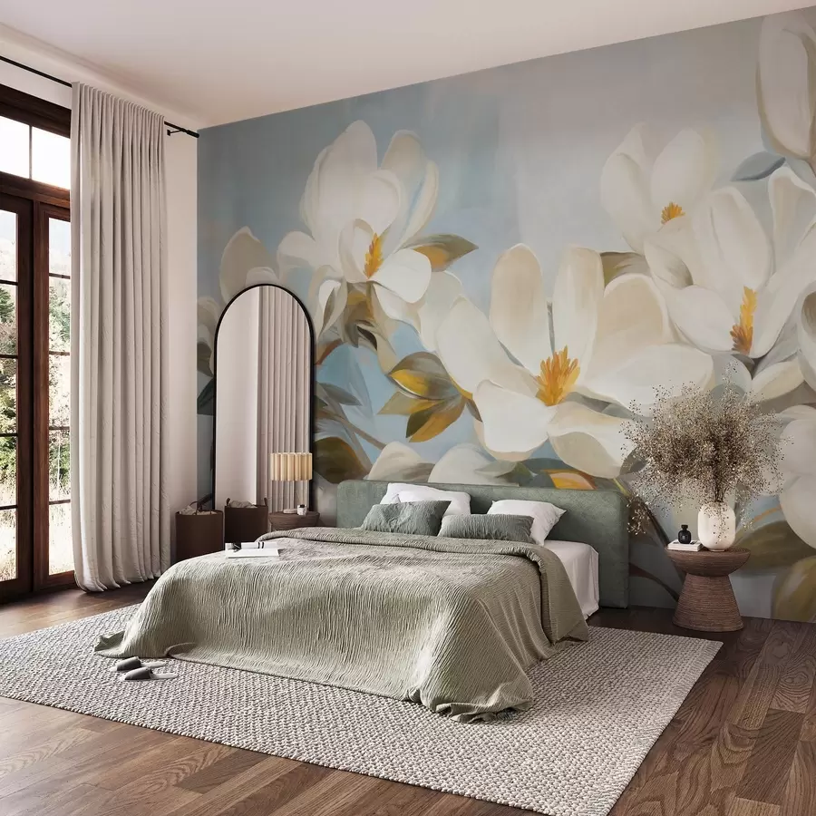 peintures murales Magnolias blancs avec feuilles vertes sur fond bleu clair avec imitation de coups de pinceau abstraits w09478