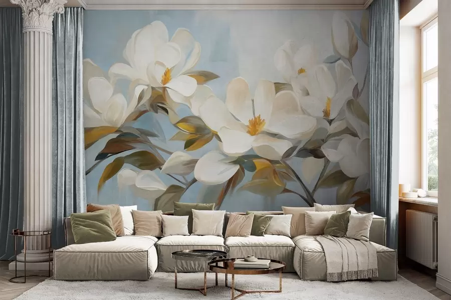 peintures murales Magnolias blancs avec feuilles vertes sur fond bleu clair avec imitation de coups de pinceau abstraits w09478