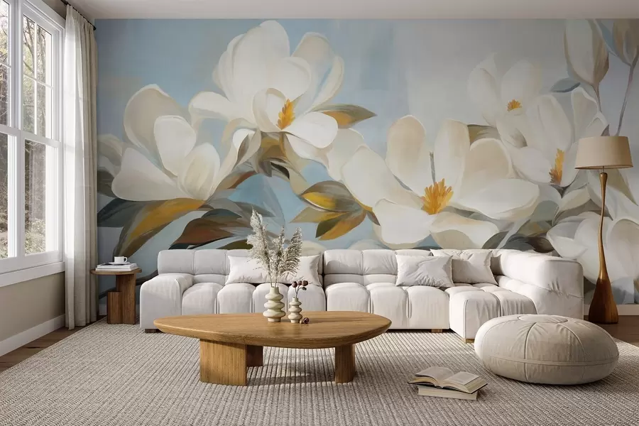 Wall Mural Photo Wallpaper White magnolias with green leaves on a light blue background with abstract brushstrokes imitation w09478