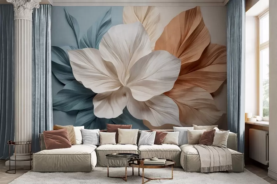Wall Mural Photo Wallpaper Abstract multi-petaled flower with textured leaves in shades of peach and blue, soft background w09604