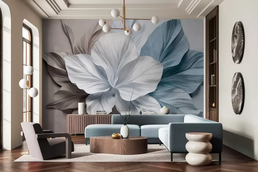wall murals Abstract multi-petaled flower with textured leaves in shades of brown and blue, soft background w09604v1