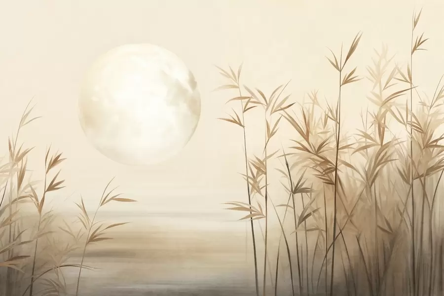 peintures murales Paysage texturé avec de grands roseaux, un lac et une lune pâle dans un ciel brumeux w09631