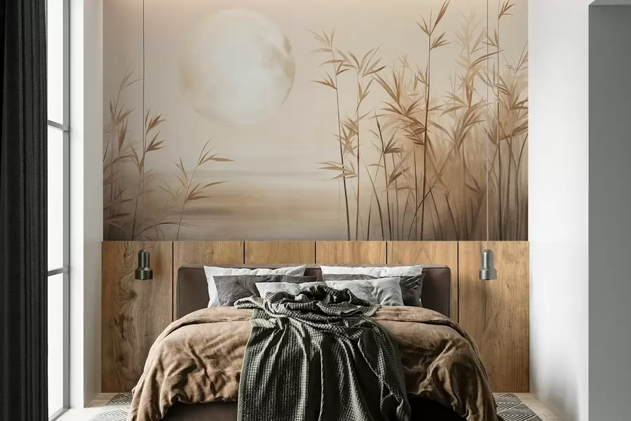 peintures murales Paysage texturé avec de grands roseaux, un lac et une lune pâle dans un ciel brumeux w09631