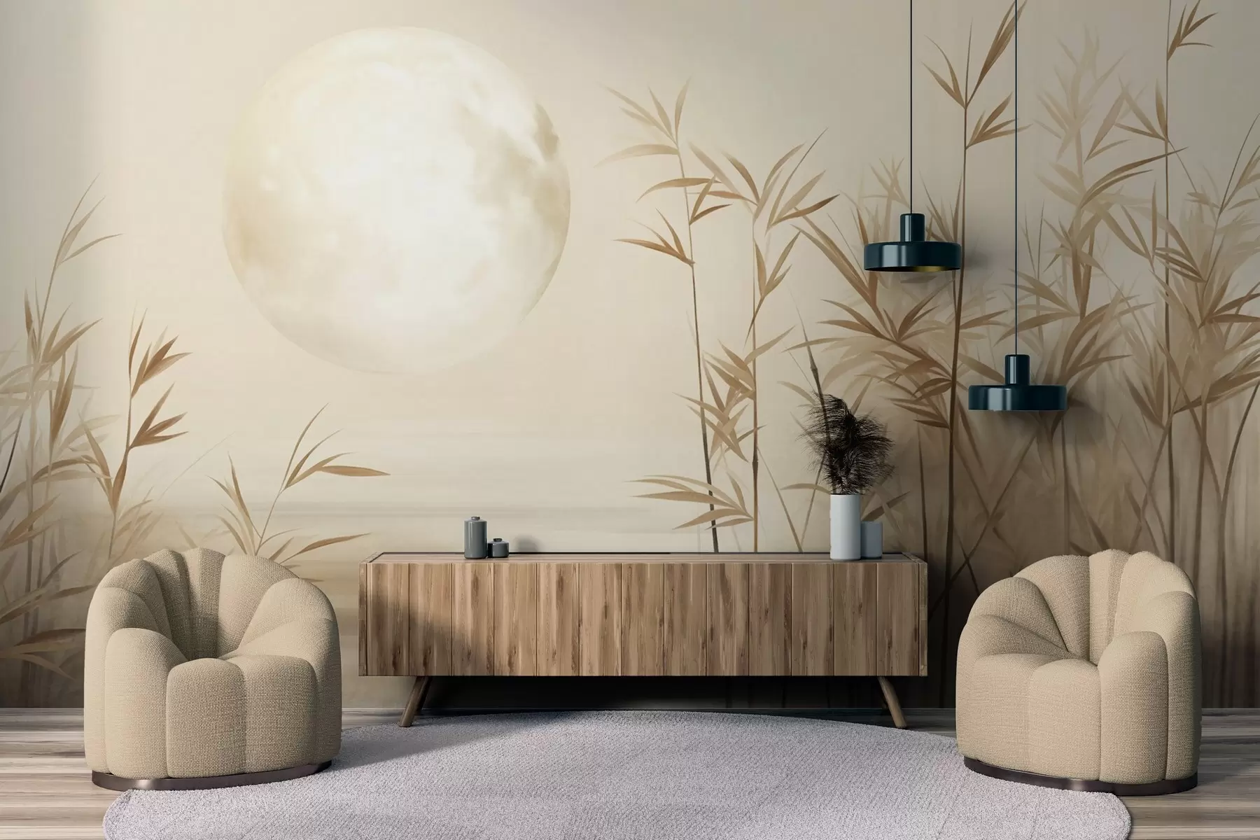 wall murals Textured landscape with tall reeds, lake and pale moon in a hazy sky w09631