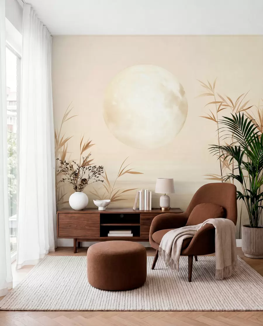 peintures murales Paysage texturé avec de grands roseaux, un lac et une lune pâle dans un ciel brumeux w09631