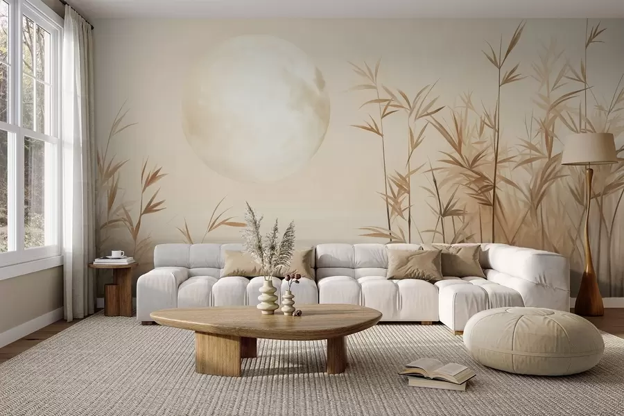 Wall Mural Photo Wallpaper Textured landscape with tall reeds, lake and pale moon in a hazy sky w09631