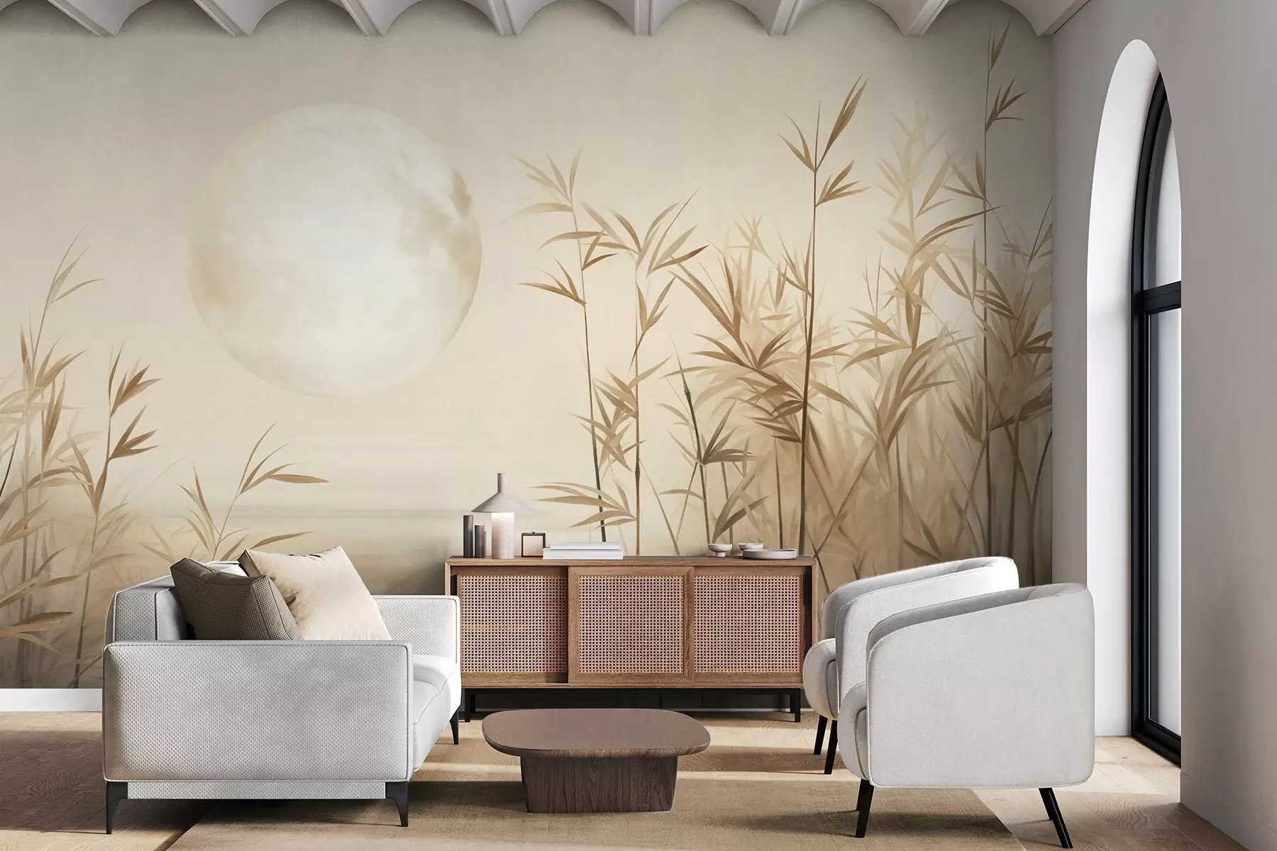 Wall Mural Photo Wallpaper Textured landscape with tall reeds, lake and pale moon in a hazy sky w09631