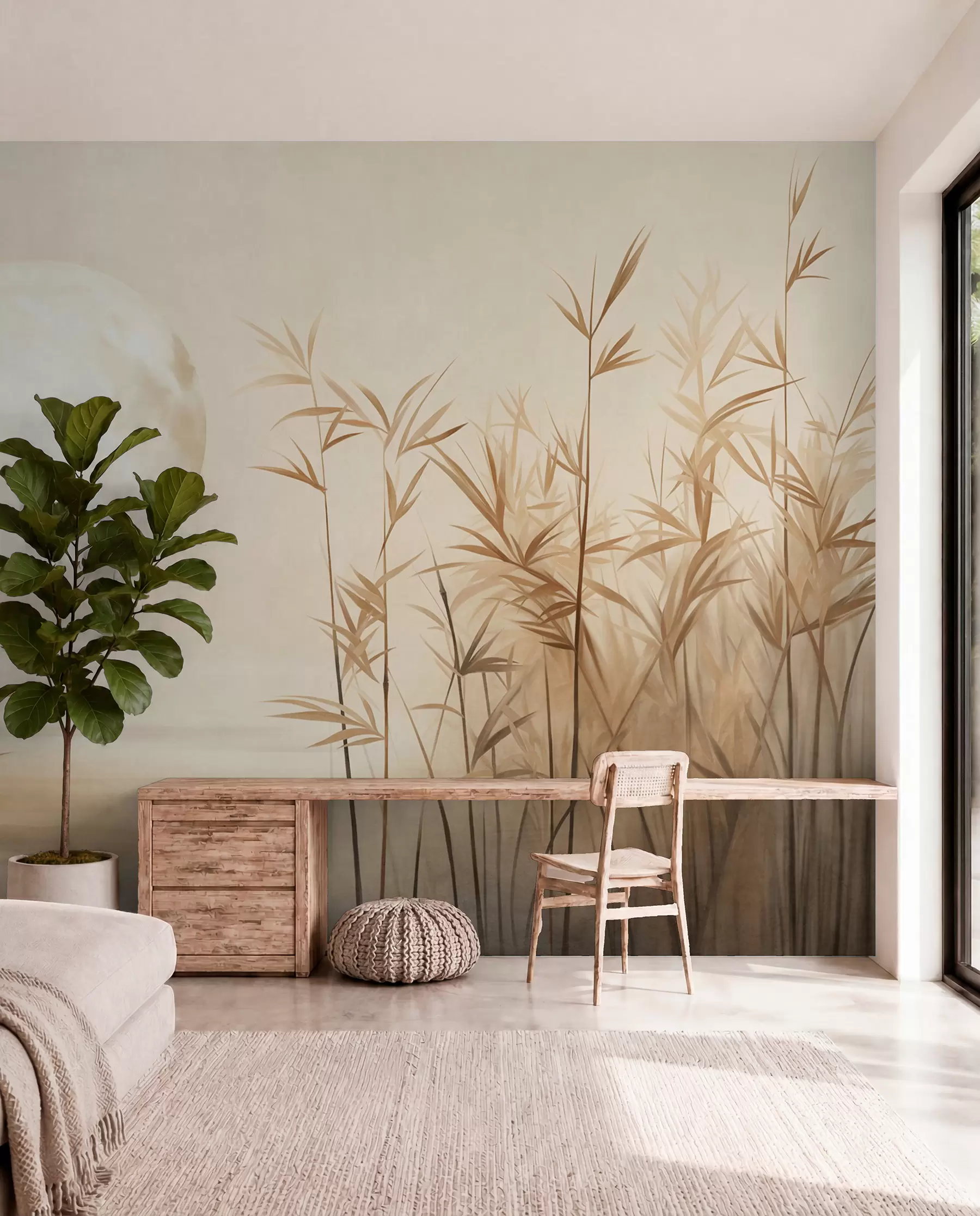 wall murals Textured landscape with tall reeds, lake and pale moon in a hazy sky w09631