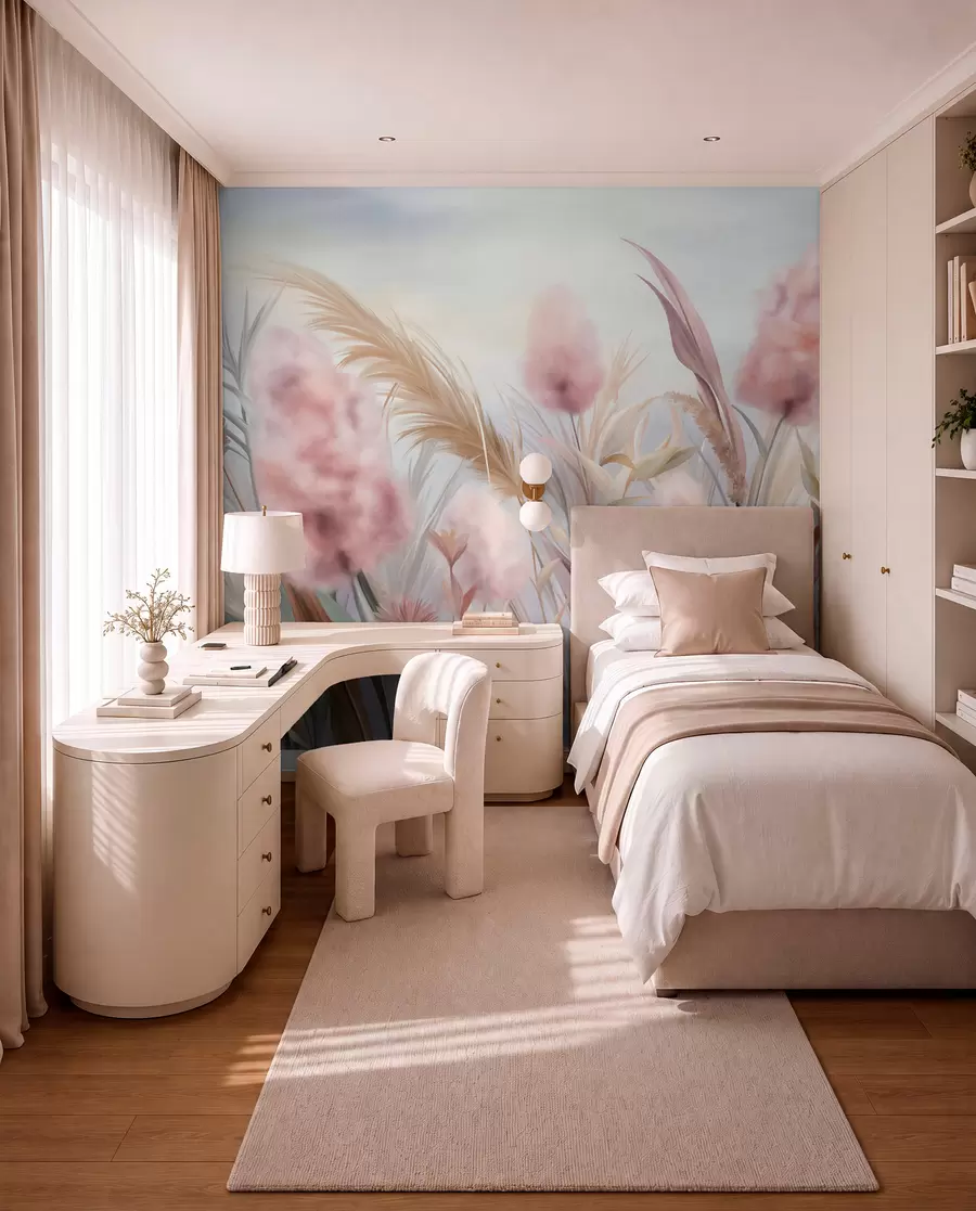 wall murals Pink and beige pampas grass and other dried flowers with a soft, hazy sky in the background w09635
