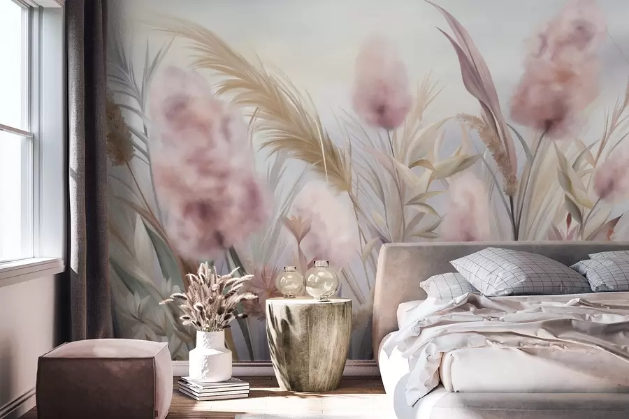 Wall Mural Photo Wallpaper Pink and beige pampas grass and other dried flowers with a soft, hazy sky in the background w09635