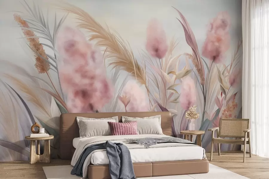murales Hierba de la pampa rosa y beige y otras flores secas con un cielo suave y brumoso al fondo. w09635