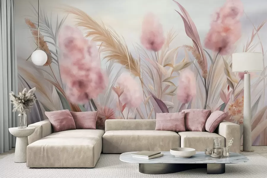 Wall Mural Photo Wallpaper Pink and beige pampas grass and other dried flowers with a soft, hazy sky in the background w09635
