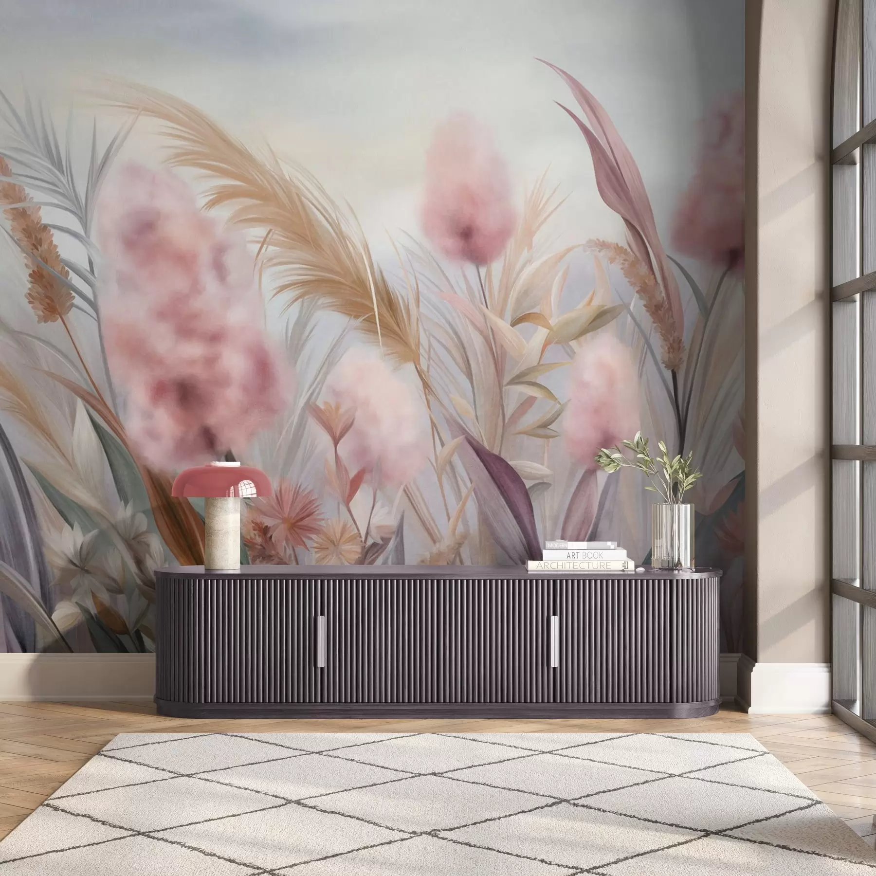 murales Hierba de la pampa rosa y beige y otras flores secas con un cielo suave y brumoso al fondo. w09635