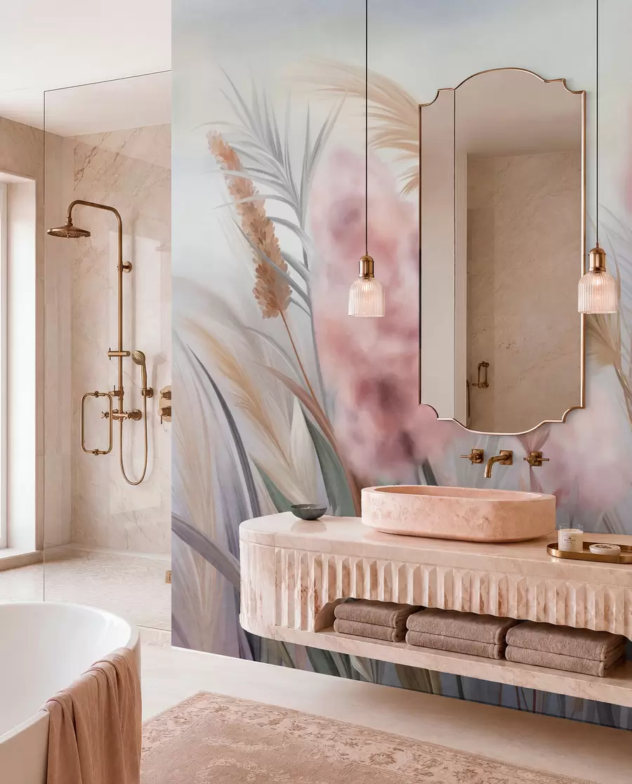 wall murals Pink and beige pampas grass and other dried flowers with a soft, hazy sky in the background w09635