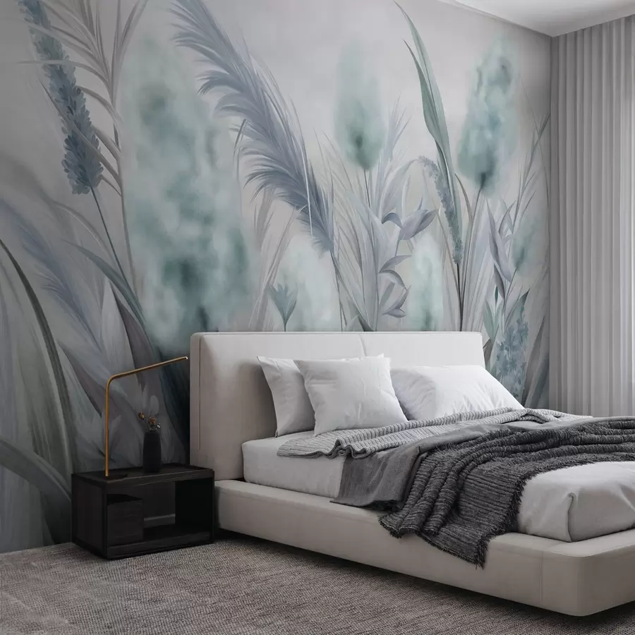 murales Hierba de la pampa azul y gris y otras flores secas con un cielo suave y brumoso al fondo. w09635v1