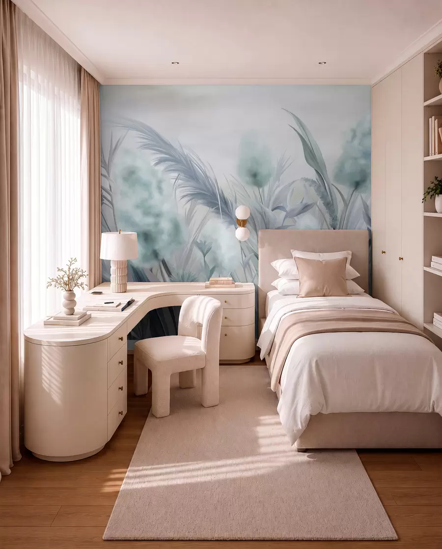 wall murals Blue and gray pampas grass and other dried flowers with a soft, hazy sky in the background w09635v1