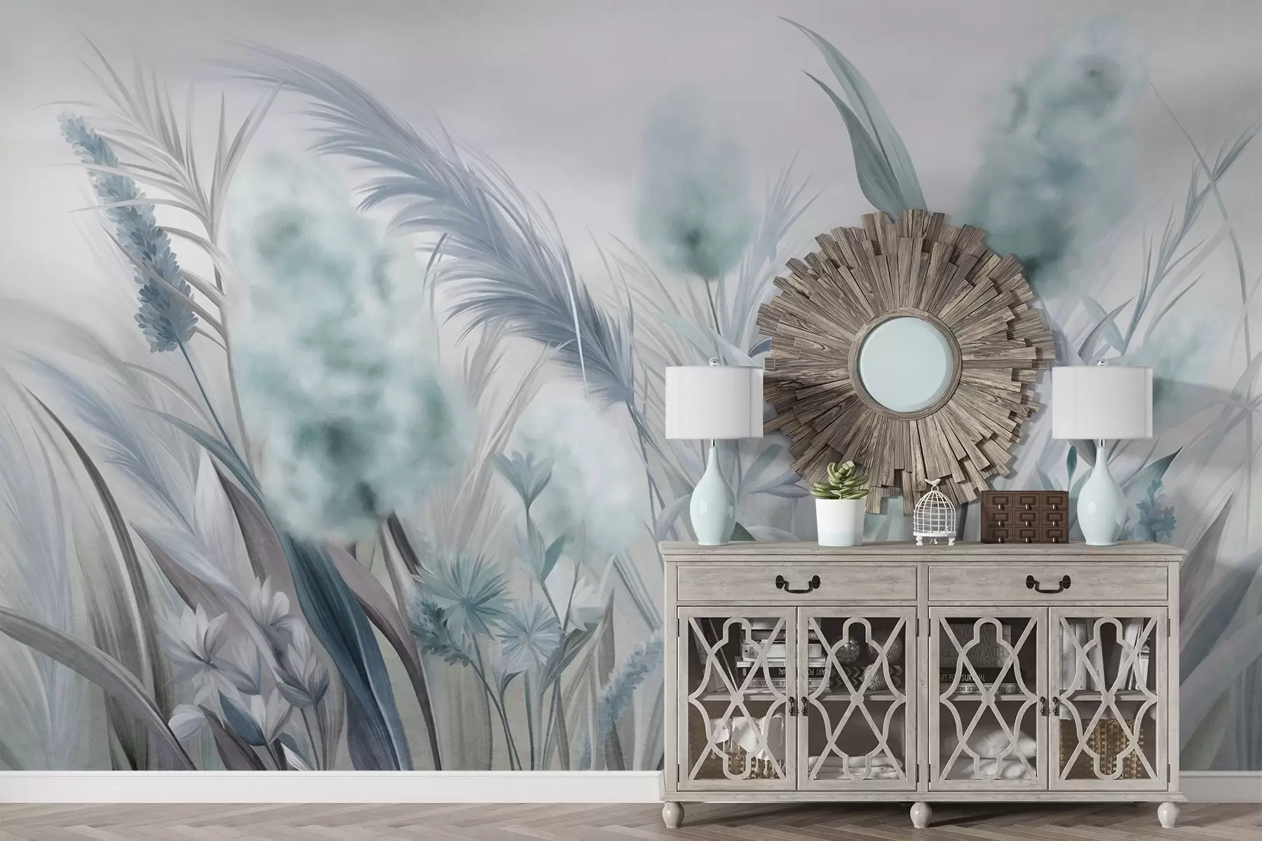 Wall Mural Photo Wallpaper Blue and gray pampas grass and other dried flowers with a soft, hazy sky in the background w09635v1