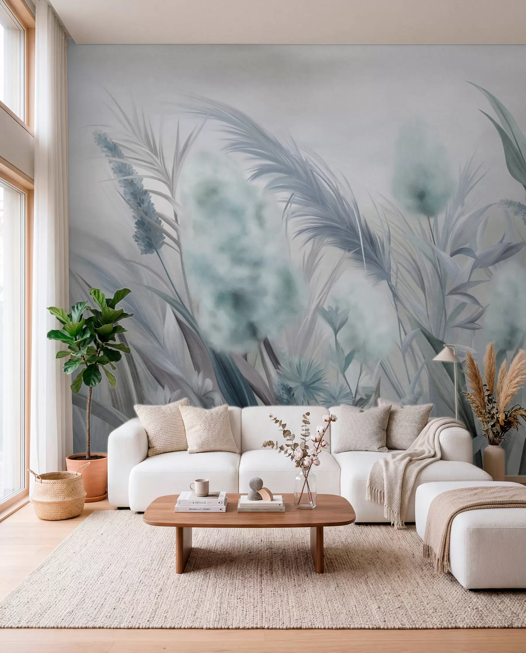 murales Hierba de la pampa azul y gris y otras flores secas con un cielo suave y brumoso al fondo. w09635v1