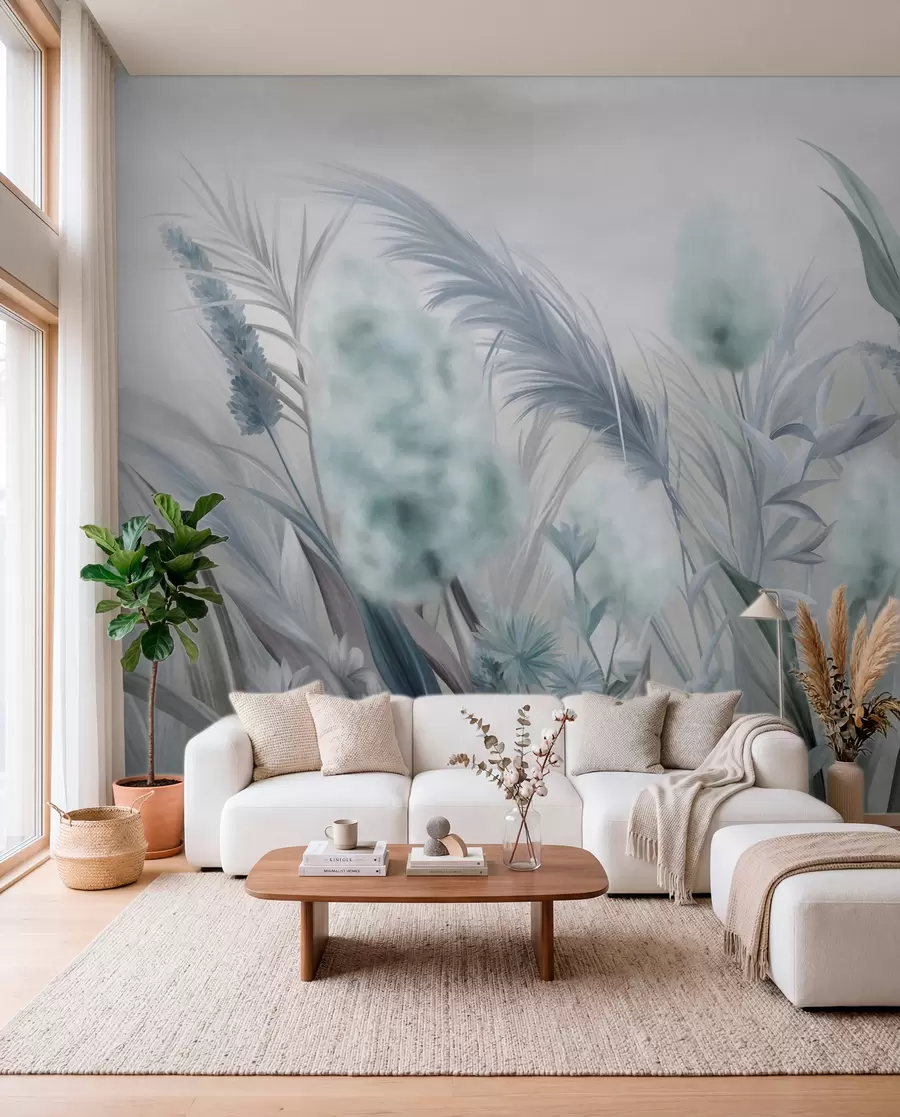 murales Hierba de la pampa azul y gris y otras flores secas con un cielo suave y brumoso al fondo. w09635v1