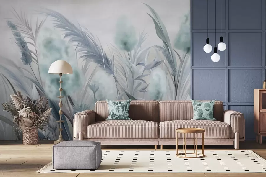 Wall Mural Photo Wallpaper Blue and gray pampas grass and other dried flowers with a soft, hazy sky in the background w09635v1