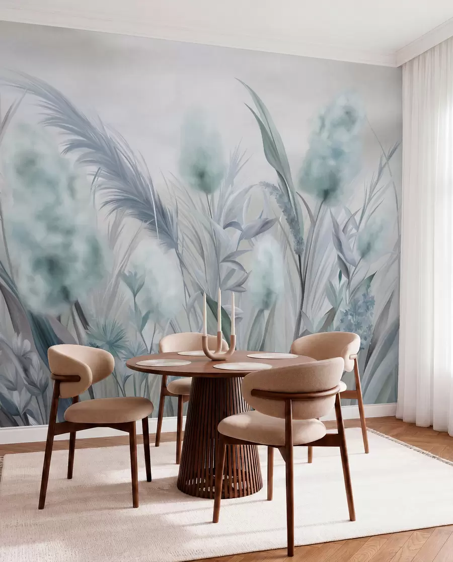 wall murals Blue and gray pampas grass and other dried flowers with a soft, hazy sky in the background w09635v1