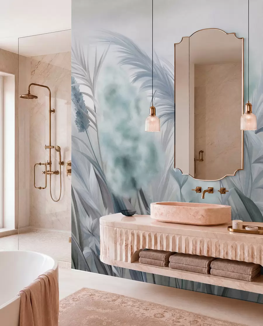 wall murals Blue and gray pampas grass and other dried flowers with a soft, hazy sky in the background w09635v1