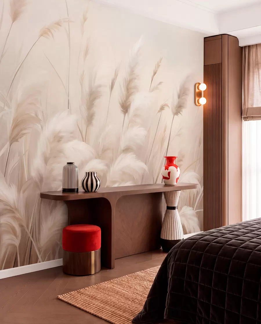 wall murals Tall, textured pampas grass in soft, warm, neutral tones, with a blurred, light background w09637
