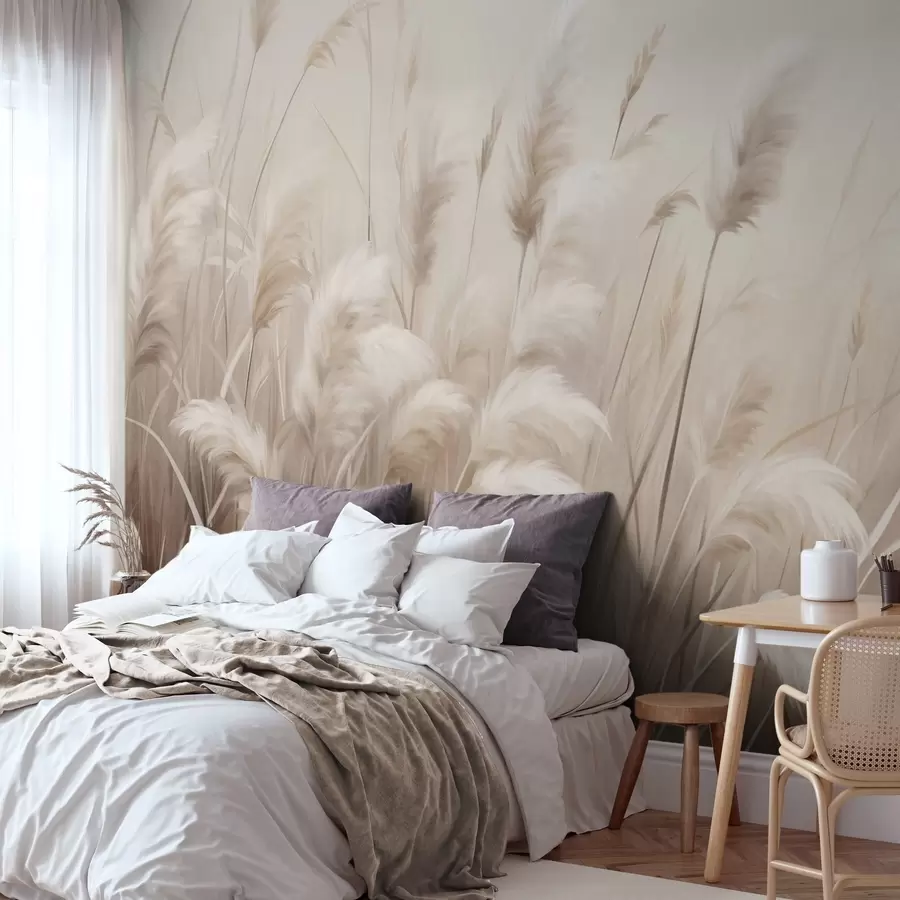 Wall Mural Photo Wallpaper Tall, textured pampas grass in soft, warm, neutral tones, with a blurred, light background w09637
