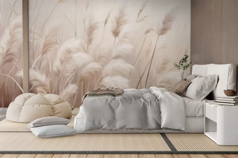 Wall Mural Photo Wallpaper Tall, textured pampas grass in soft, warm, neutral tones, with a blurred, light background w09637