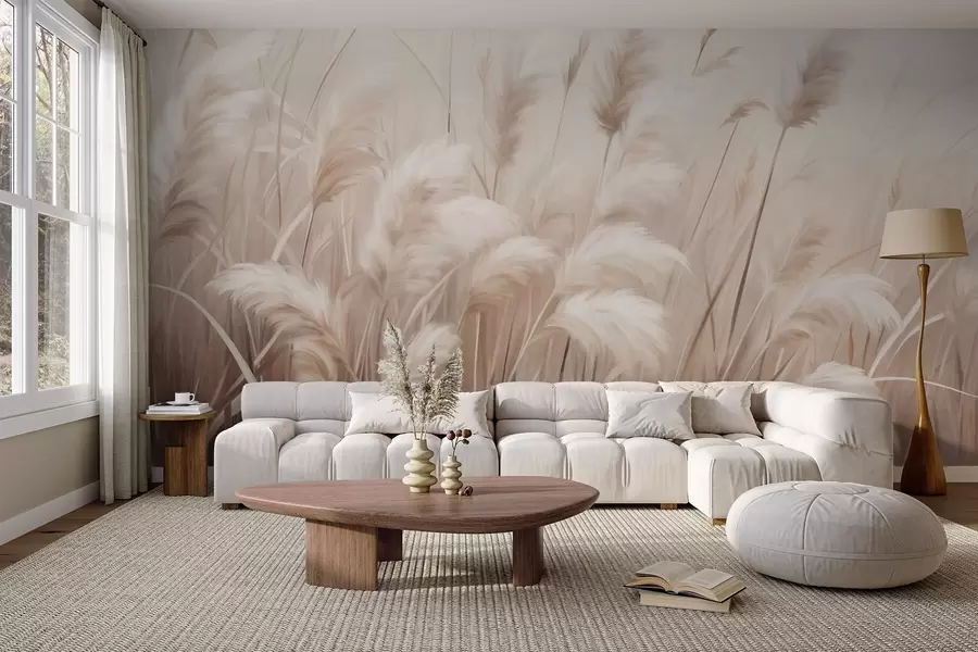 Wall Mural Photo Wallpaper Tall, textured pampas grass in soft, warm, neutral tones, with a blurred, light background w09637