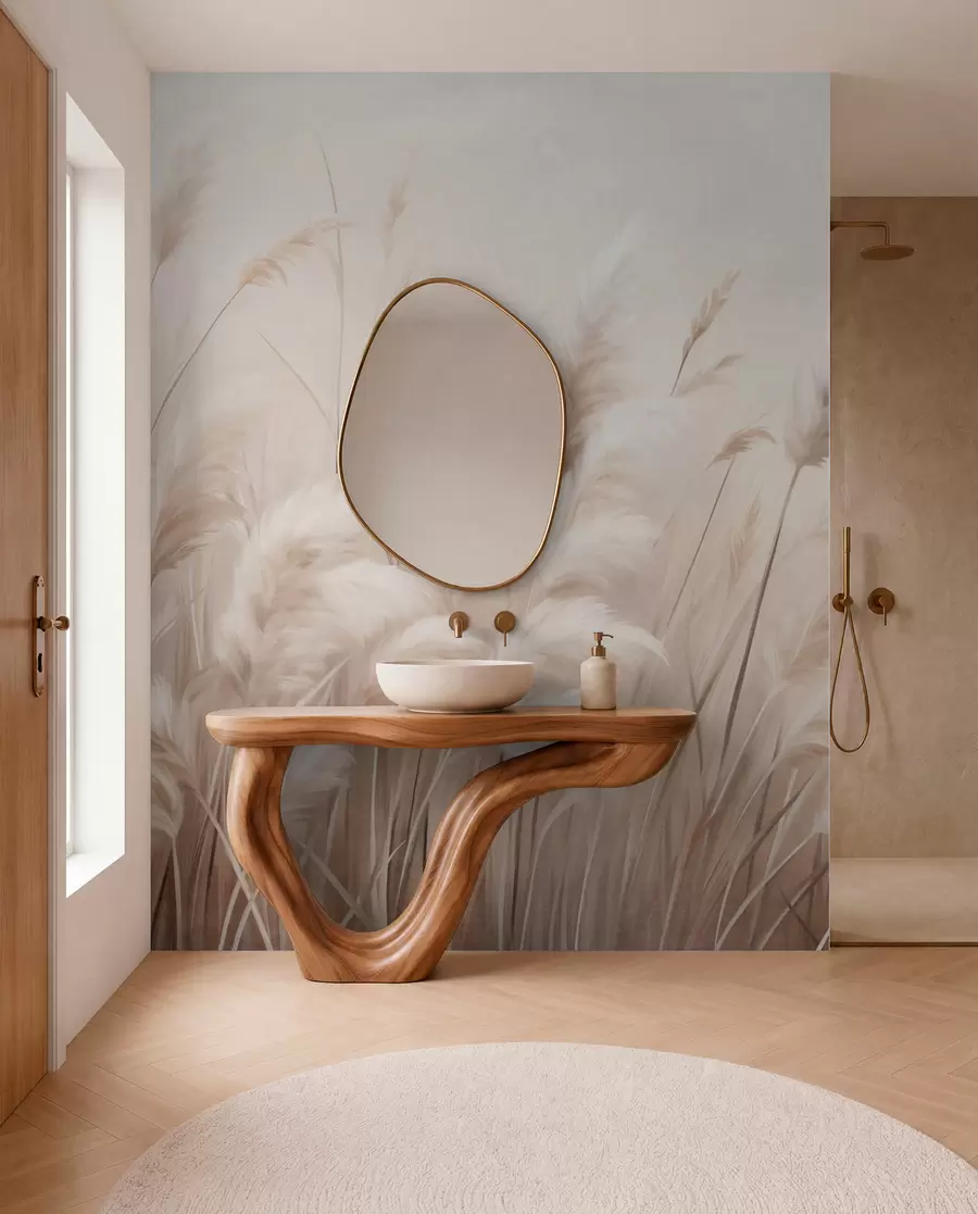 wall murals Tall, textured pampas grass in soft, warm, neutral tones, with a blurred, light background w09637