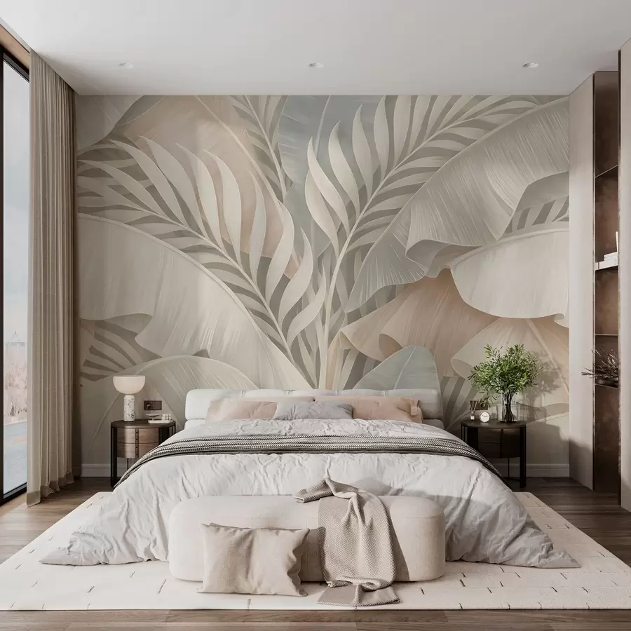 Wall Mural Photo Wallpaper large tropical leaves in shades of peach and dull turquoise w05062