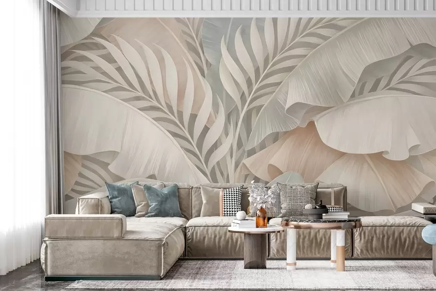 murales Grandes hojas tropicales en tonos melocotón y turquesa apagado. w05062